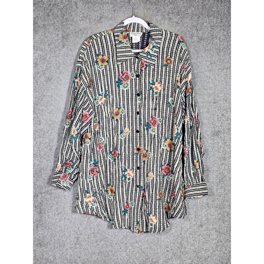 Vintage Stephanie Thomas Sport Crinkle Top Womens Sz 16 Striped Floral Button Up